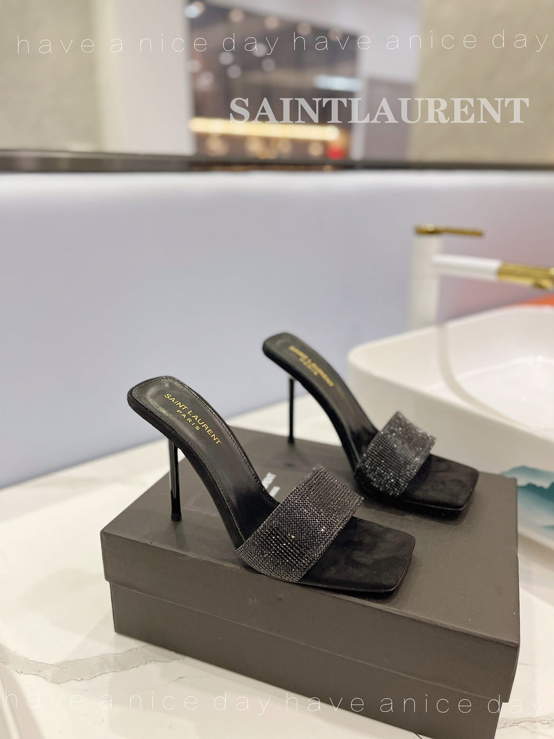 Sl Lucky Black Crystal High Heels Black Calfskin