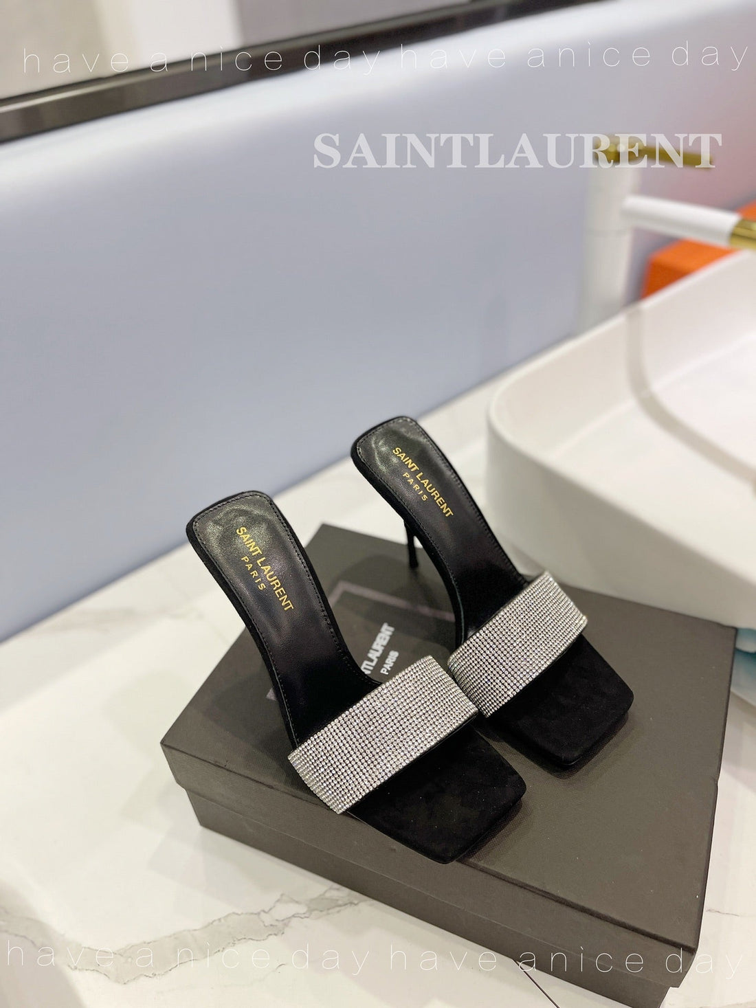 Sl Lucky White Crystal High Heels Black Calfskin