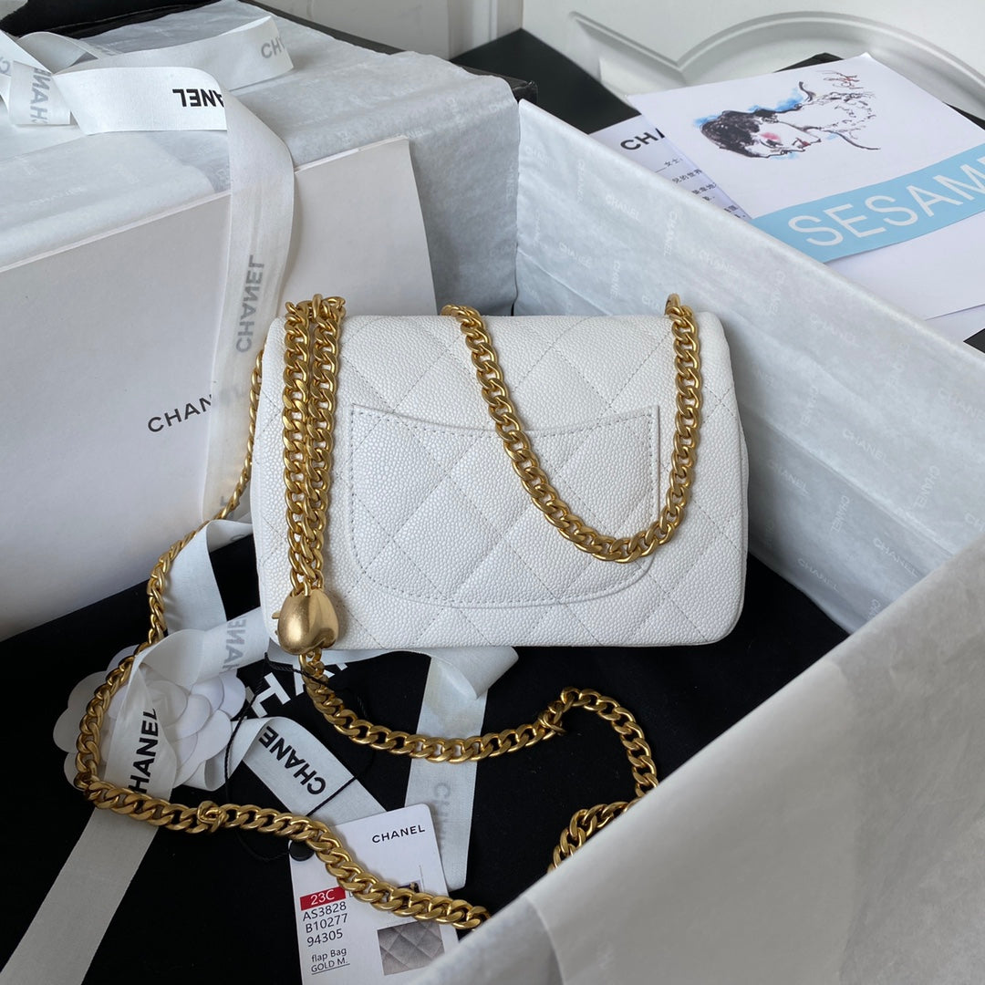 Flap Bag 19CM White Caviar Gold Hardware