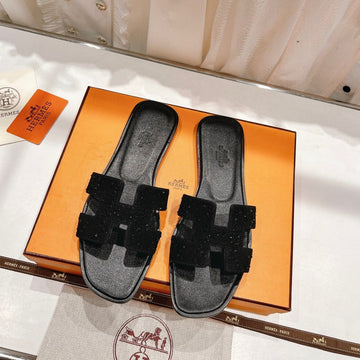 0RAN Sandal Black Lambskin Attach Crystals-Black