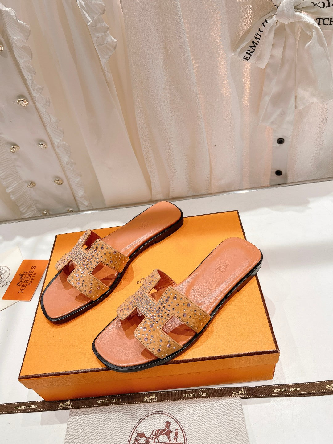 0RAN Sandal Bright Orange Lambskin Attach Crystals