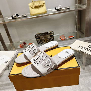 Ff Women Roma Signature White Grey Canvas Leather Slide