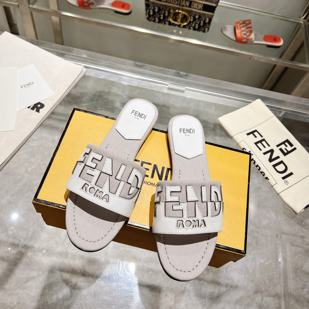 Ff Women Roma Signature White Grey Canvas Leather Slide