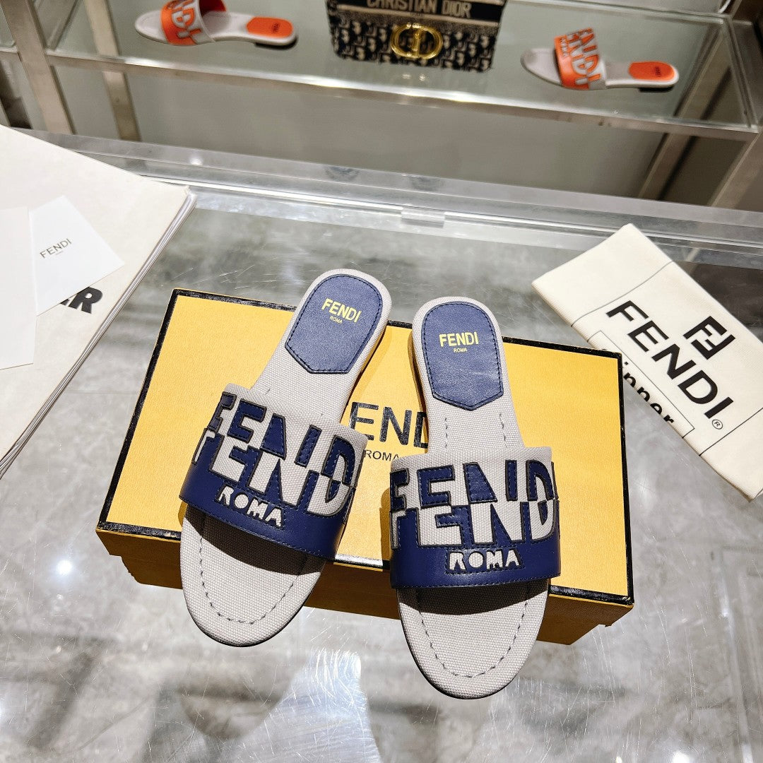 Ff Women Roma Signature Blue Grey Canvas Leather Slide