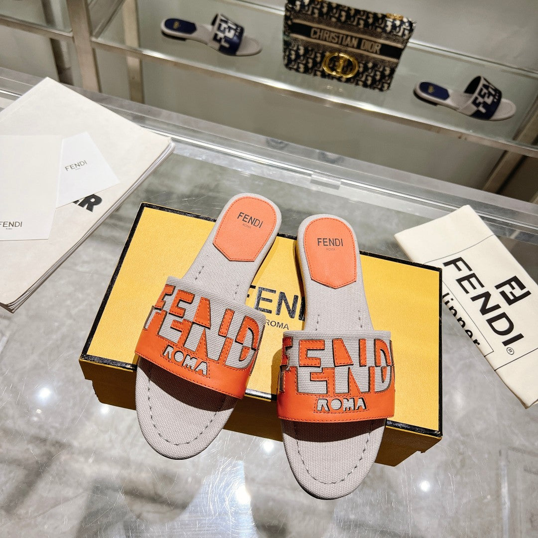 Ff Women Roma Signature Orange Grey Canvas Leather Slide
