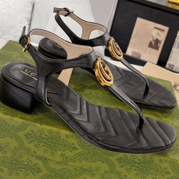 Gc Double G Block Heel Thong Sandals Black Leather 292410