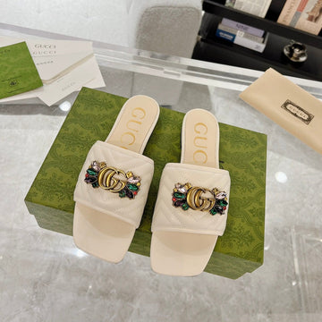 GG Sparkle Crystal Slide Sandal Cream Calfskin