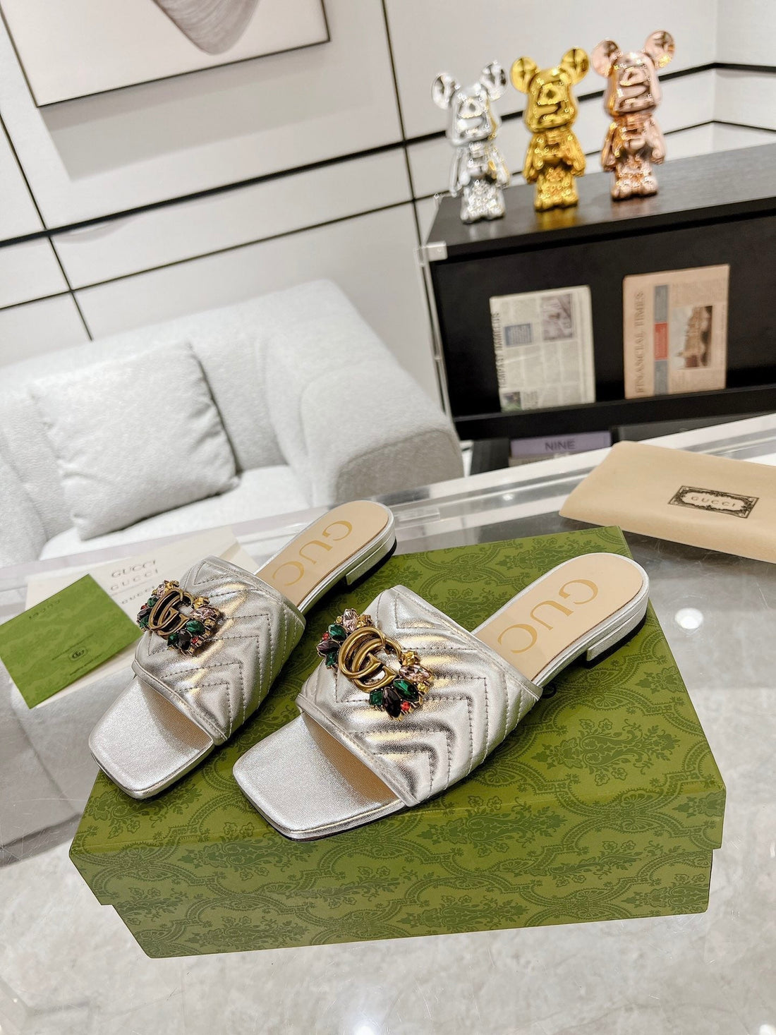 GG Sparkle Crystal Slide Sandal Silver Calfskin