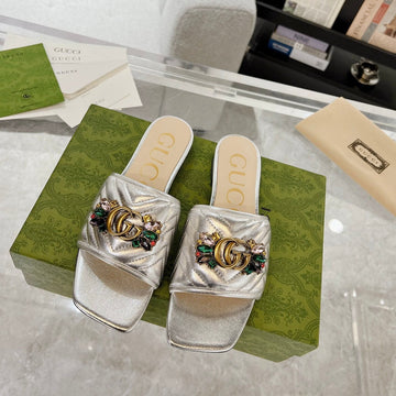 GG Sparkle Crystal Slide Sandal Silver Calfskin