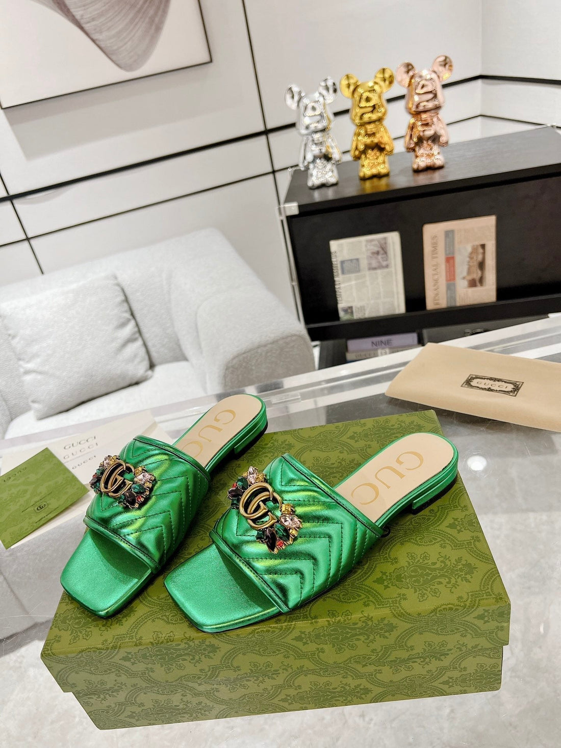 GG Sparkle Crystal Slide Sandal Metallic Green Calfskin