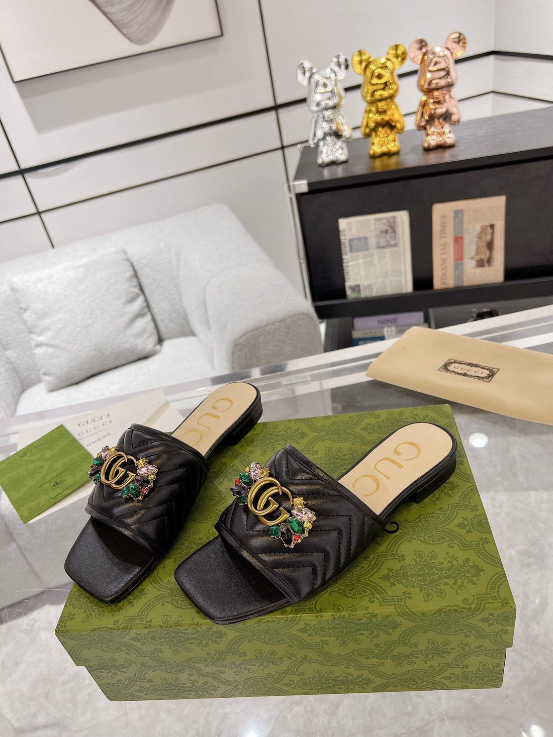 GG Sparkle Crystal Slide Sandal Black Calfskin
