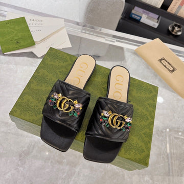 GG Sparkle Crystal Slide Sandal Black Calfskin
