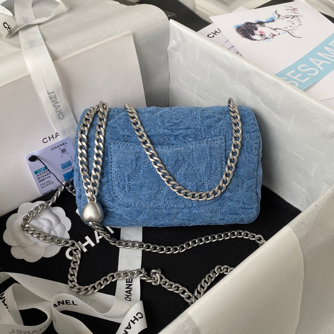 23P Flap Bag 19CM Denim Silver Hardware
