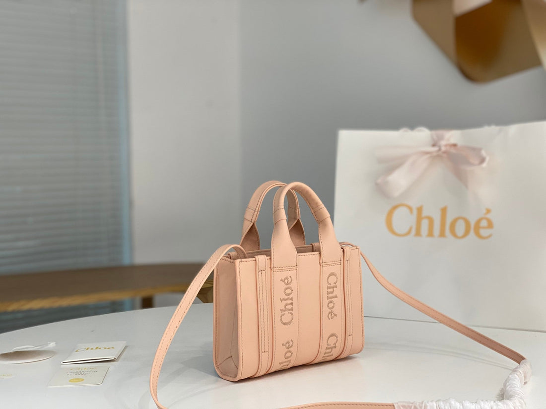 Chloé Woody Mini Tote Bag 20CM Pink Calfskin