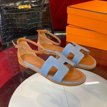 Santorini Sandal Blue Denim Brown Calfskin