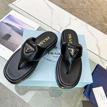 Pra Soft Padded Nappa Thong Wedge Sandals Black Lambskin