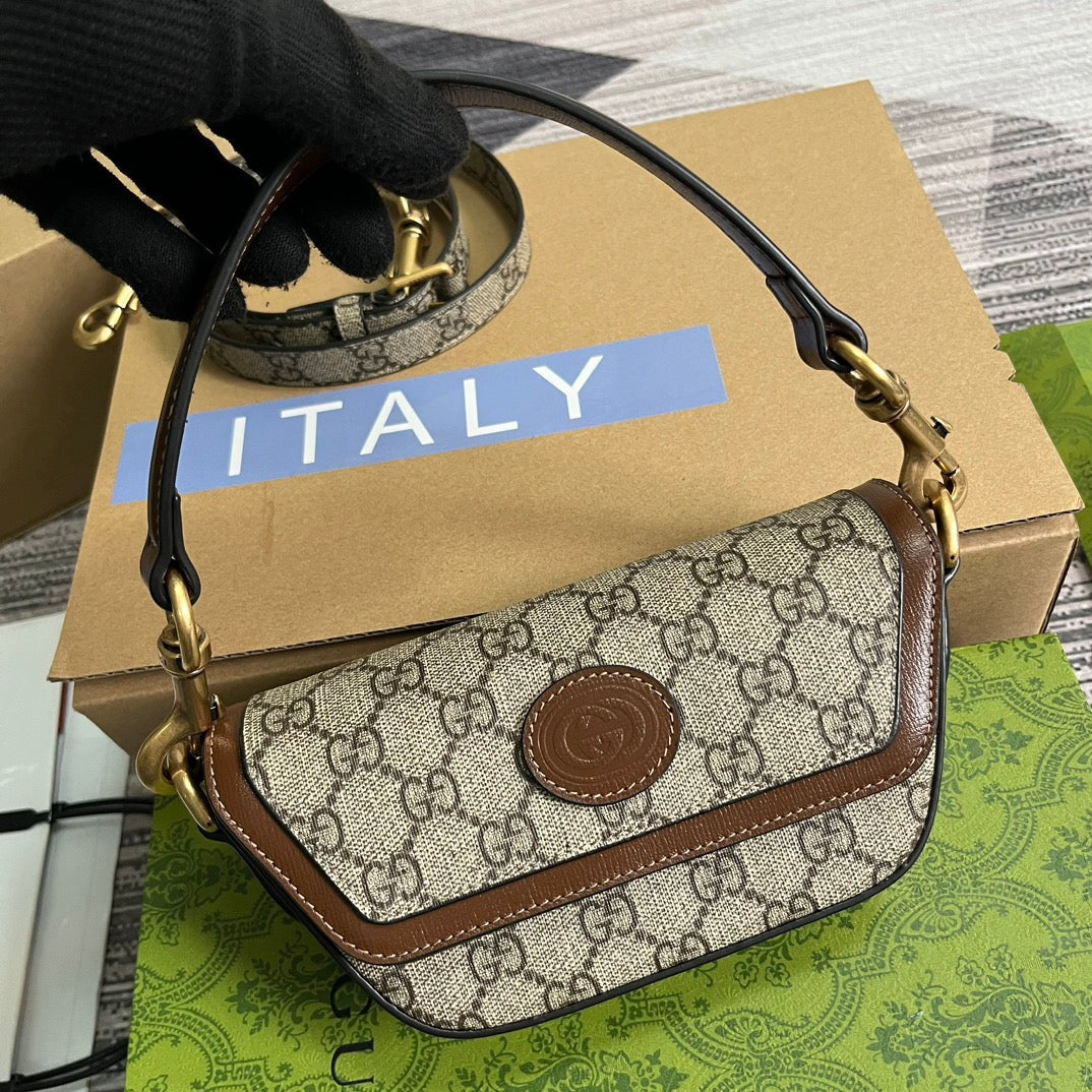 GG Mini 13 Handbag In Beige Canvas And Brown Calfskin