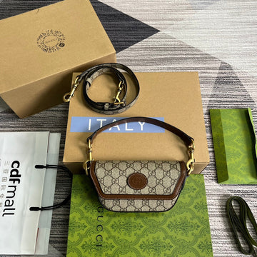GG Mini 13 Handbag In Beige Canvas And Brown Calfskin