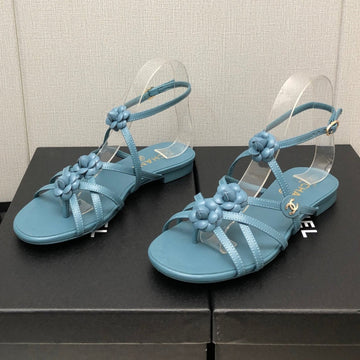 Floral Flat Sandal In Sapphire Blue Lambskin