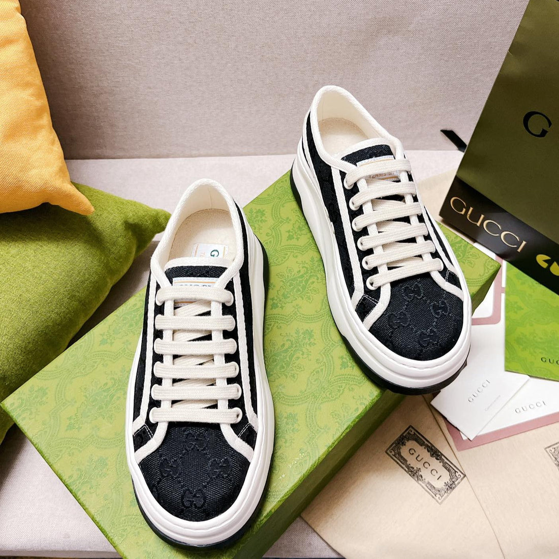GG Canvas Lace-Up Sneakers Black White