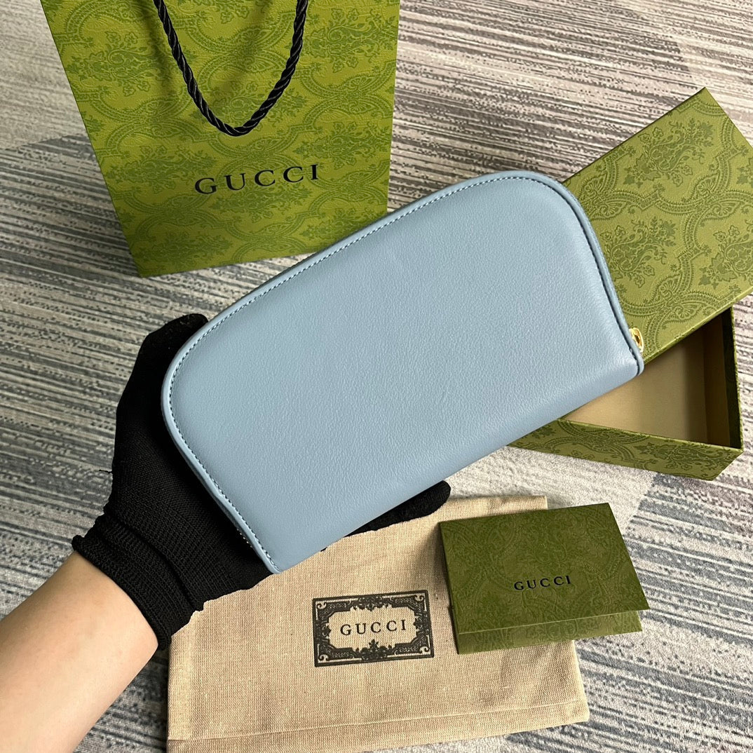 GG Blondie 21 Full Zip Wallet In Blue Pastel Calfskin