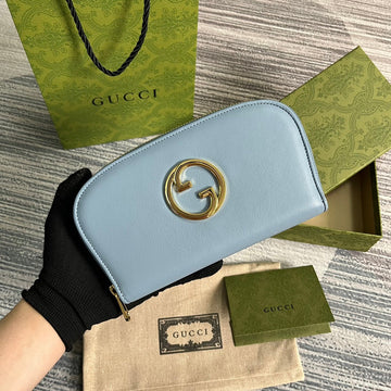 GG Blondie 21 Full Zip Wallet In Blue Pastel Calfskin