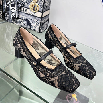 CD Mary Jane Transparent Mesh Embroidered Black Flower Motif