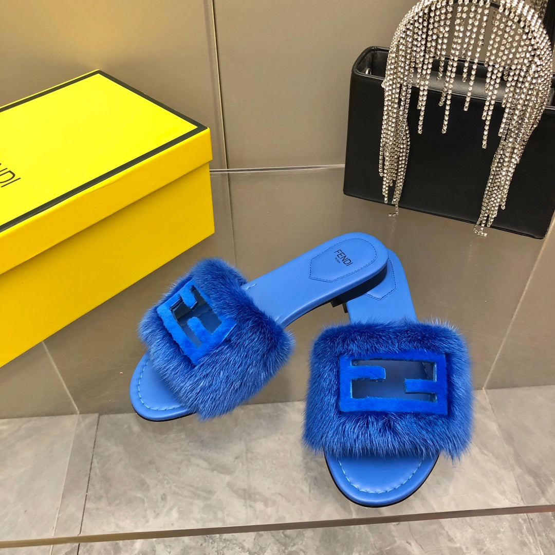 Fendi Baguette Mink Slide Slipper In Azure Blue Fur