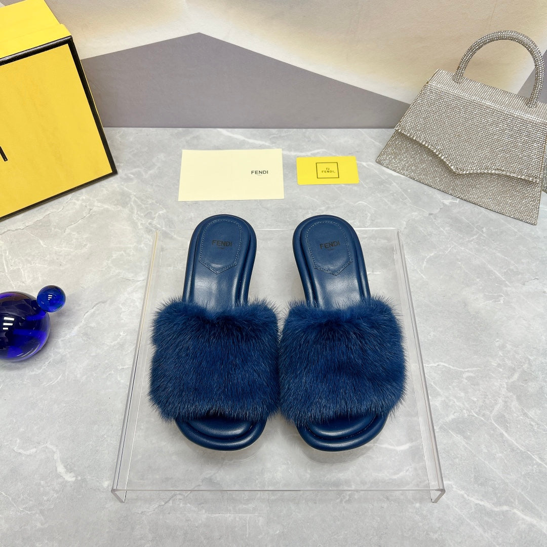 Fendi Baguette Mink Medium-Heeled 45MM In Navy Blue Fur And Lambskin