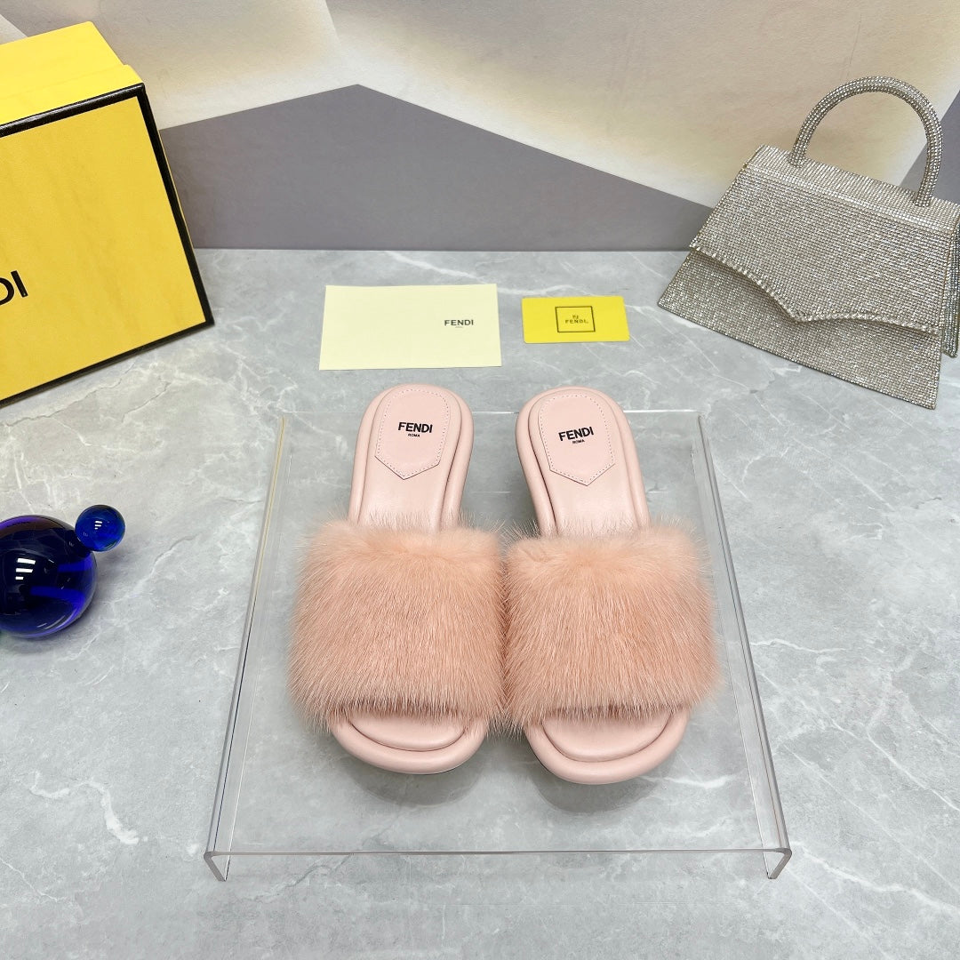 Fendi Baguette Mink Medium-Heeled 45MM In Nude Beige Fur And Lambskin
