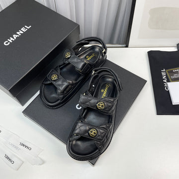 CC Dad Sandals Black Grained Calfskin Enamel Logo