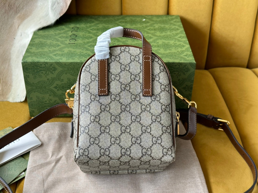 GG Multi-Function Mini 19 Backpack In Beige And Brown Canvas