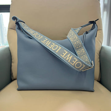Loew Unisex Cubi Shoulder Crossbody Zipper Commuter Tote Bag Blue Smooth Calfskin