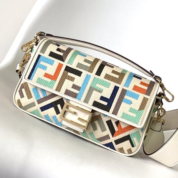 Fend Baguette White And Multicolour Canvas Bag 27 With Ff Embroidery Ghw