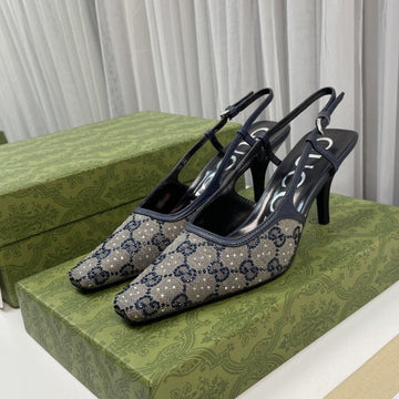 Slingback Pump 85 Beige And Blue Canvas