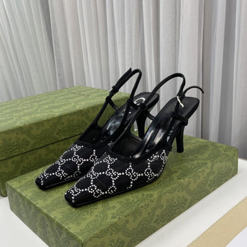 Sling Back Pump 85 Black Mesh White Crystal