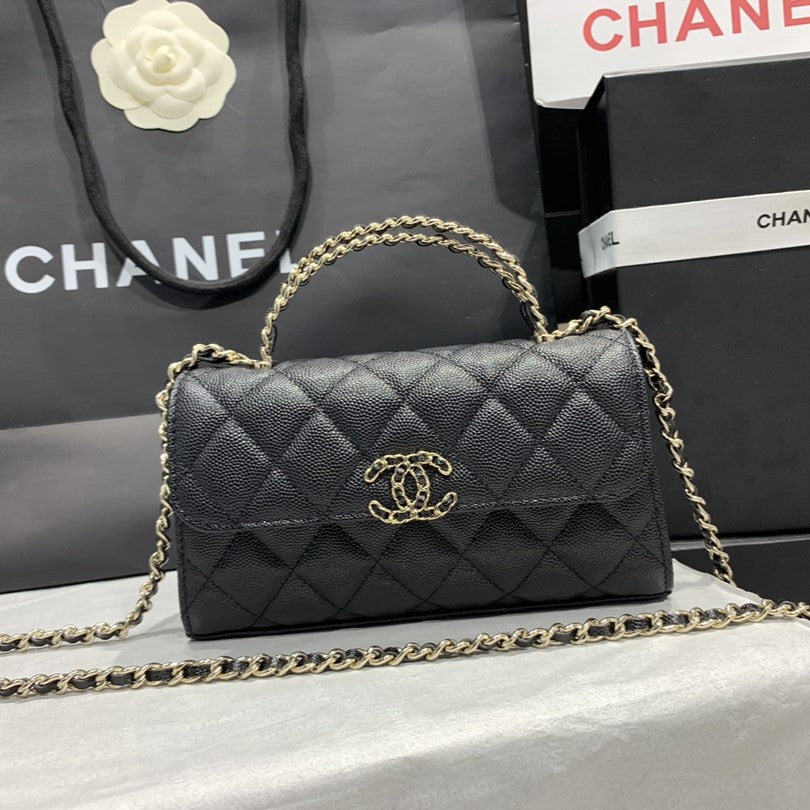 23P Flap Bag 19CM Black Caviar Gold Hardware