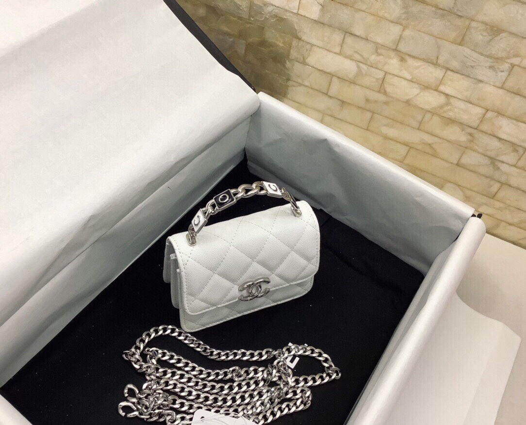 CC Woc 13CM With Top Handle White Quilted Caviar Leather Silver Hardware
