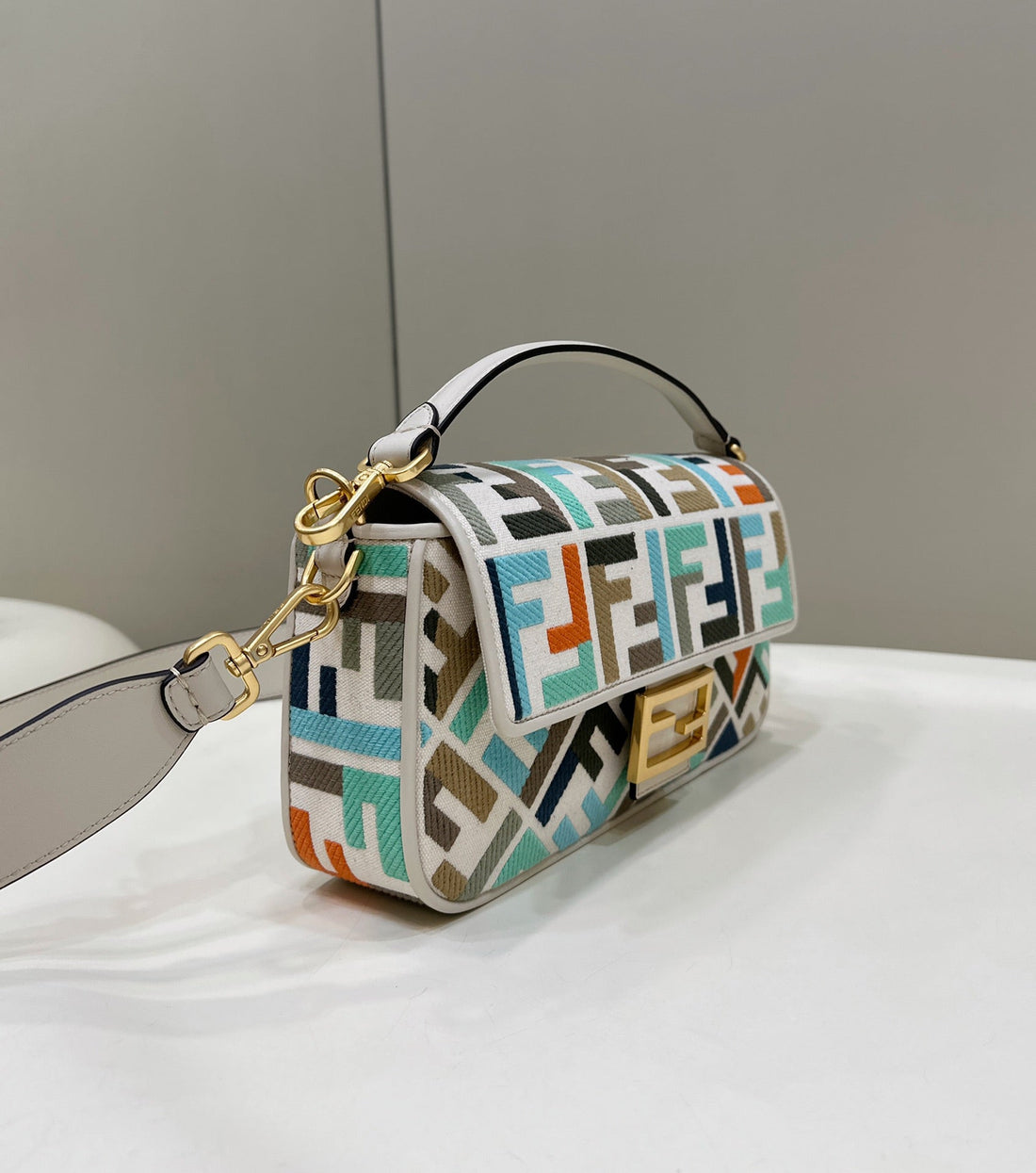 Baguette Canvas 27 Bag White Strap With Multicolour Embroidery Gold Hardware