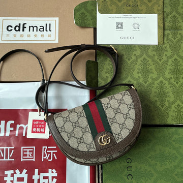 Ophidia Mini Shoulder Bag 20 With Web In Beige Ebony Canvas Mix Brown Calfskin