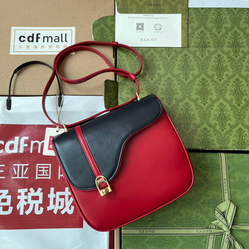 Equestrian Style Shoulder Bag 21 In Red Mix Black Calfskin Gold Hardware