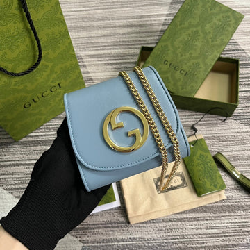 Blondie Interlock Mini Shoulder Bag 12 In Sky Blue Calfskin Gold Chain