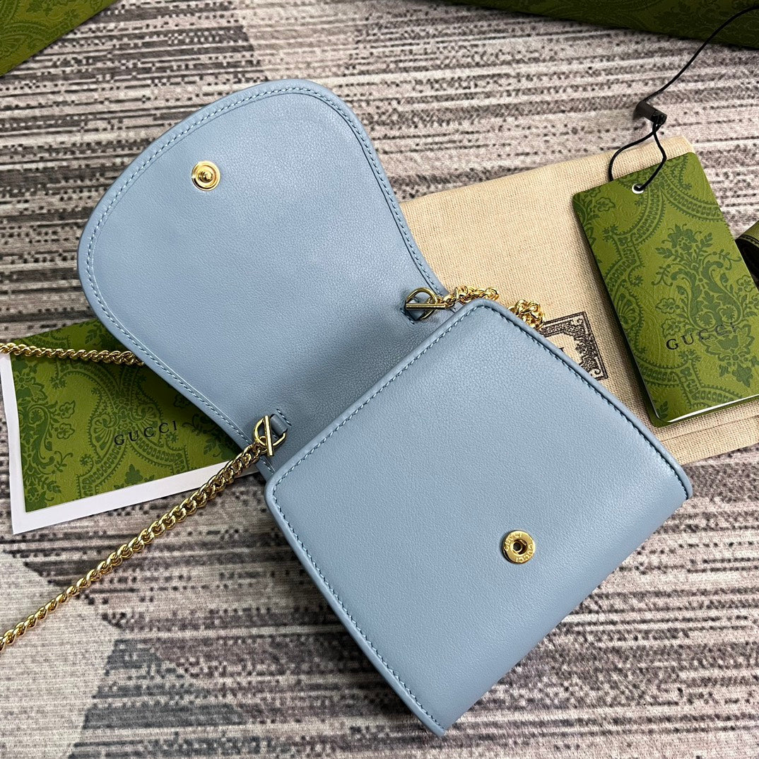 Blondie Interlock Mini Shoulder Bag 12 In Sky Blue Calfskin Gold Chain