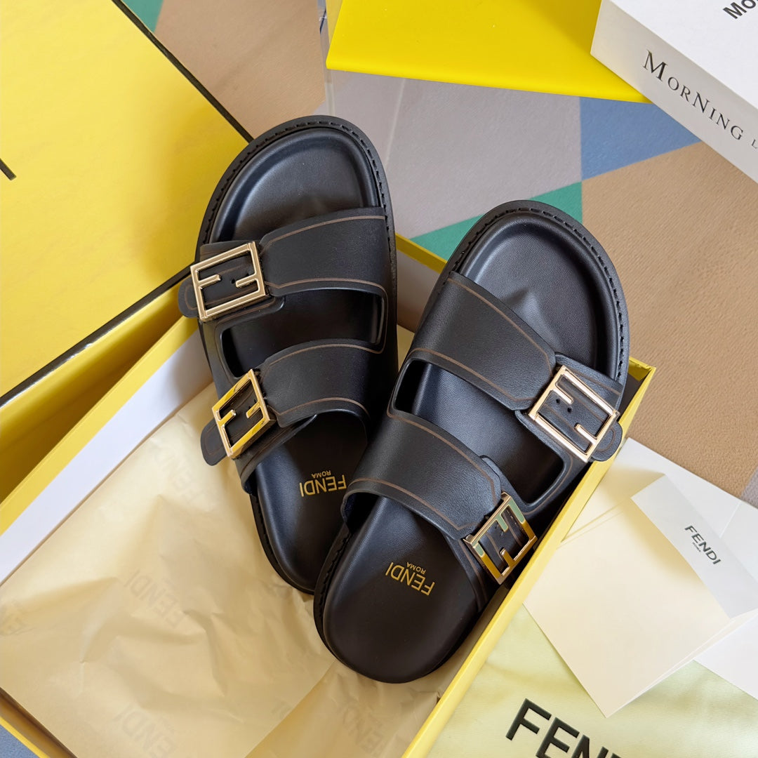 Fendi Baguette Dad Sandals In Black Calfskin With Gold Hardware