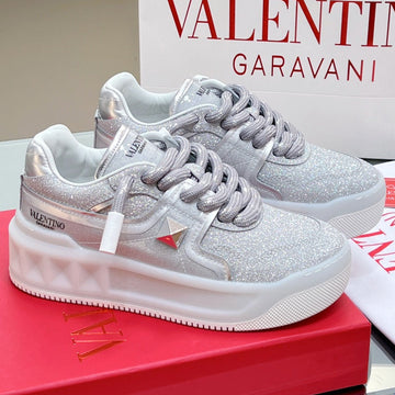 Vt 2025 Garavani Sneakers Silver Leather Glitter Fabric 546991