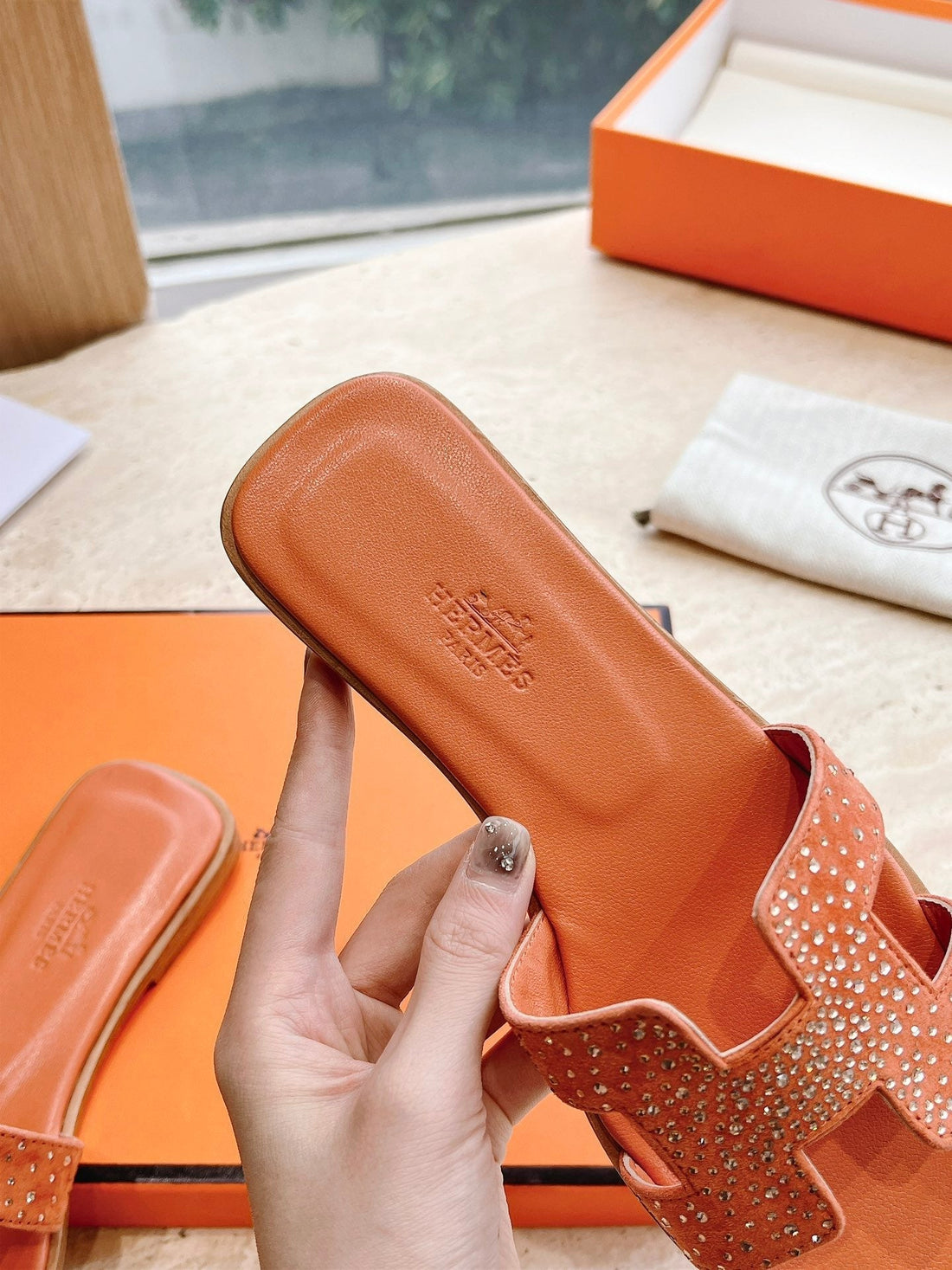 Hm 25 Oran Sandal Orange Calfskin Crystal Embellished