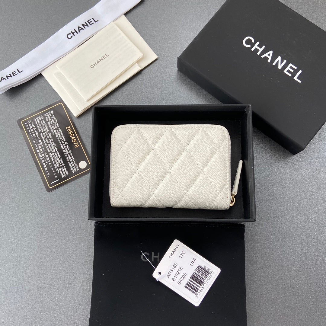 CC A3185 Zipper Coin Purse White Caviar Ghw 193265