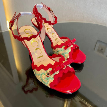 GG Kertu Heel Sandals 8CM Beige Red Green Raffia Leather 695680