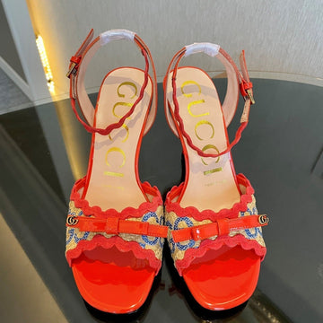 GG Kertu Heel Sandals 8CM Beige Red Blue Raffia Leather 695681