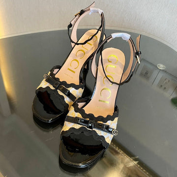 GG Kertu Heel Sandals 8CM Beige Black Raffia Leather 695685